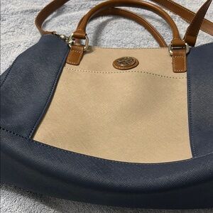 Tan and Blue Two-Tone Shoulder Bag with Leather Handles